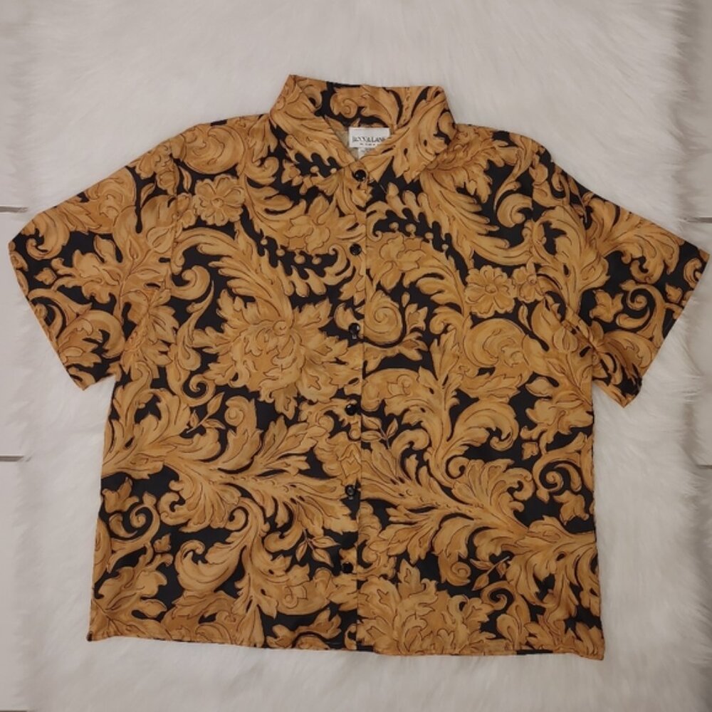 Vintage Jenna Lane Woman Baroque Gold and Black Floral Collared Button Up Shirt